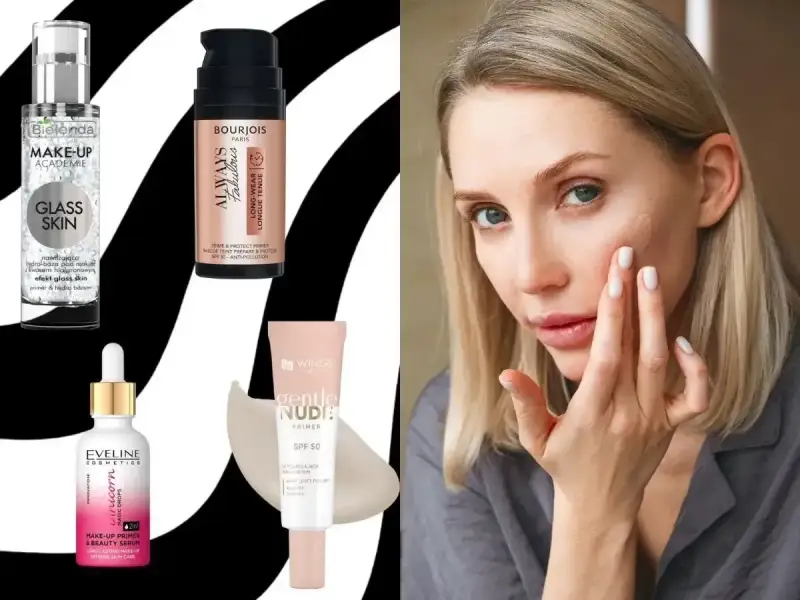 Kobieta aplikuje na twarz silikonową bazę pod makijaż. Obok kosmetyki: Bielenda, Bourjois, Eveline, Wings.